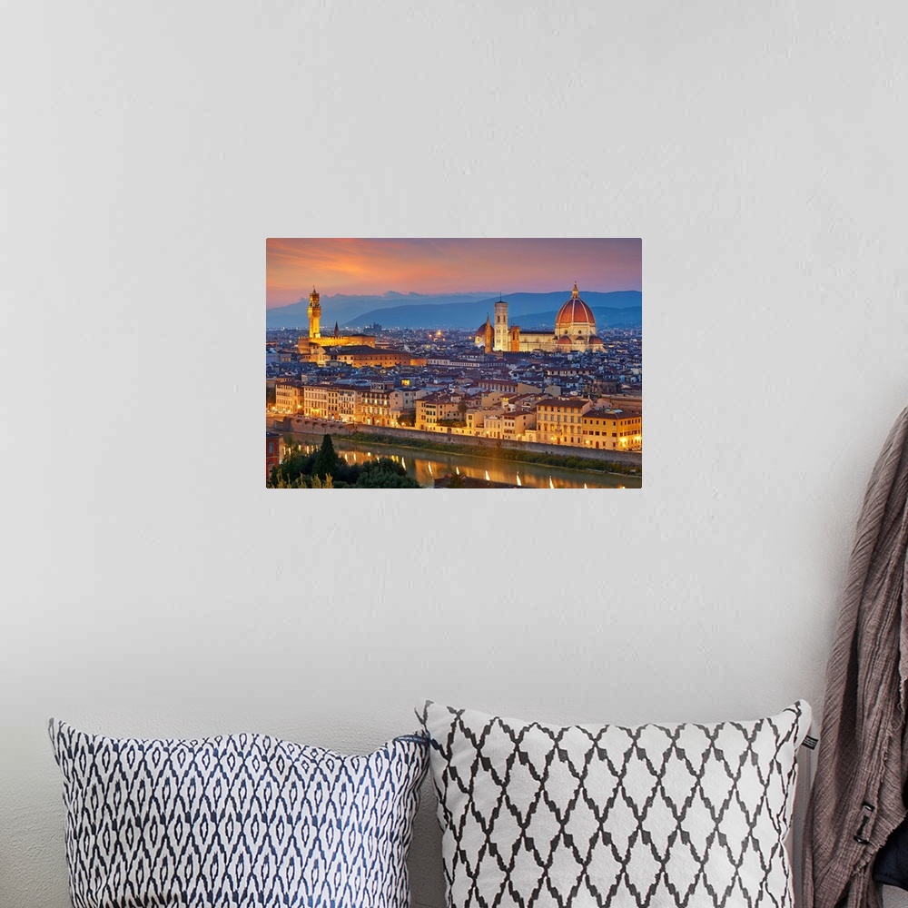 A bohemian room featuring Italy, Tuscany, Firenze district, Florence, Cityscape with Palazzo Vecchio and Duomo.