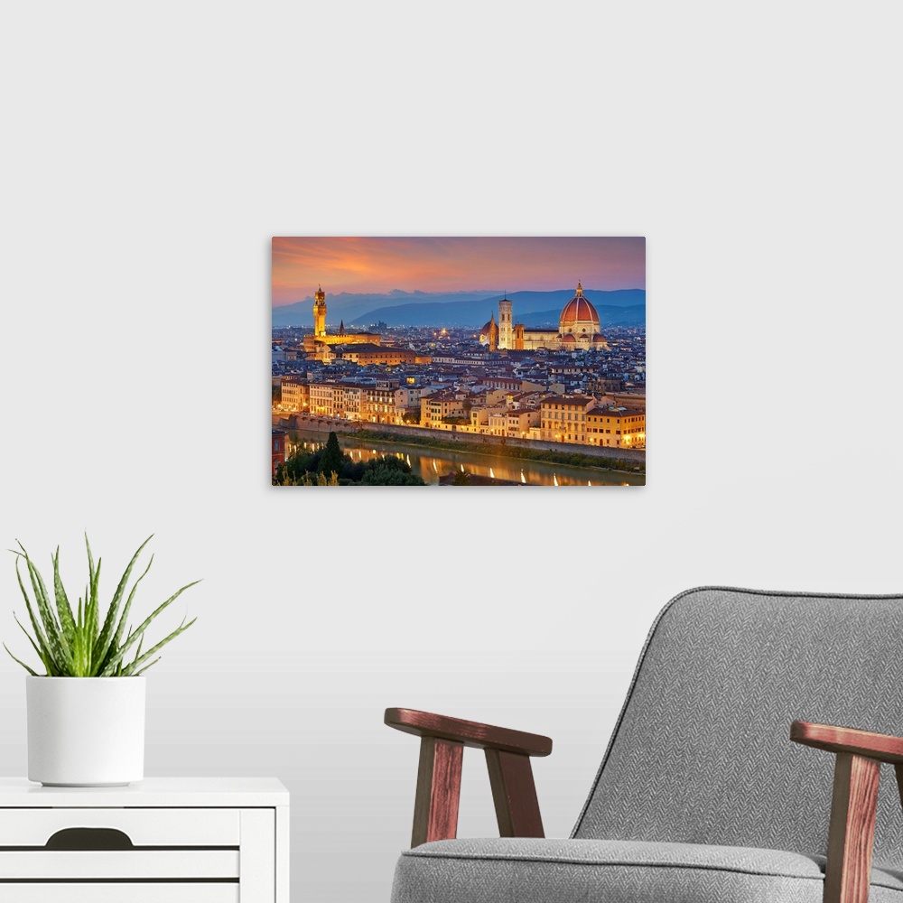 A modern room featuring Italy, Tuscany, Firenze district, Florence, Cityscape with Palazzo Vecchio and Duomo.