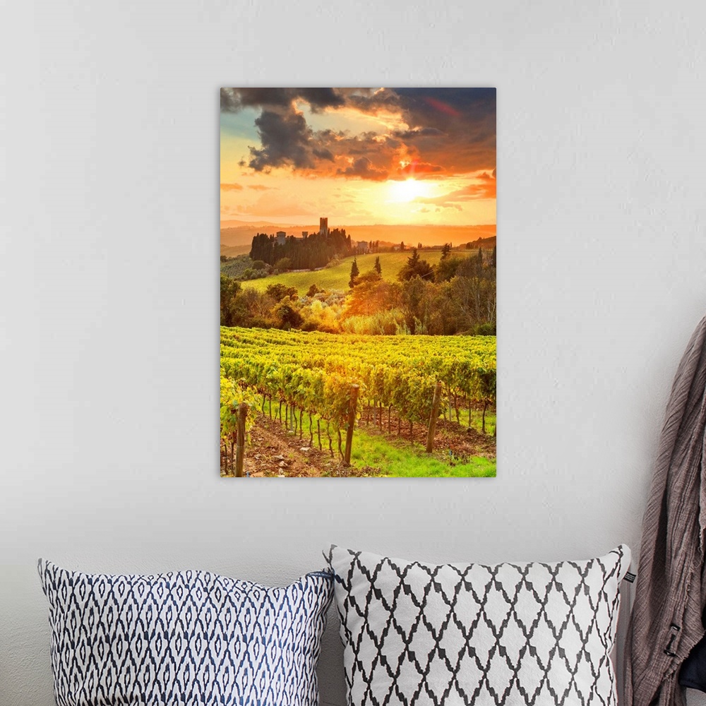 A bohemian room featuring Italy, Tuscany, Firenze district, Chianti, Tavarnelle Val di Pesa, Badia a Passignano, sunset.