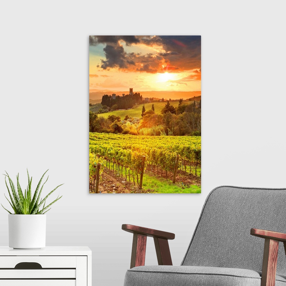 A modern room featuring Italy, Tuscany, Firenze district, Chianti, Tavarnelle Val di Pesa, Badia a Passignano, sunset.