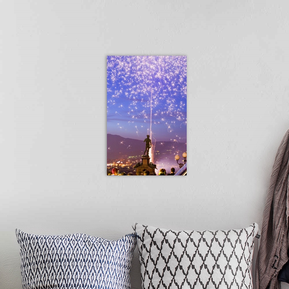 A bohemian room featuring Italy, Tuscany, Florence, Michelangelo's David statue at Piazzale Michelangelo under fireworks