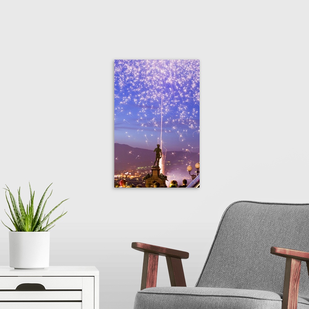 A modern room featuring Italy, Tuscany, Florence, Michelangelo's David statue at Piazzale Michelangelo under fireworks