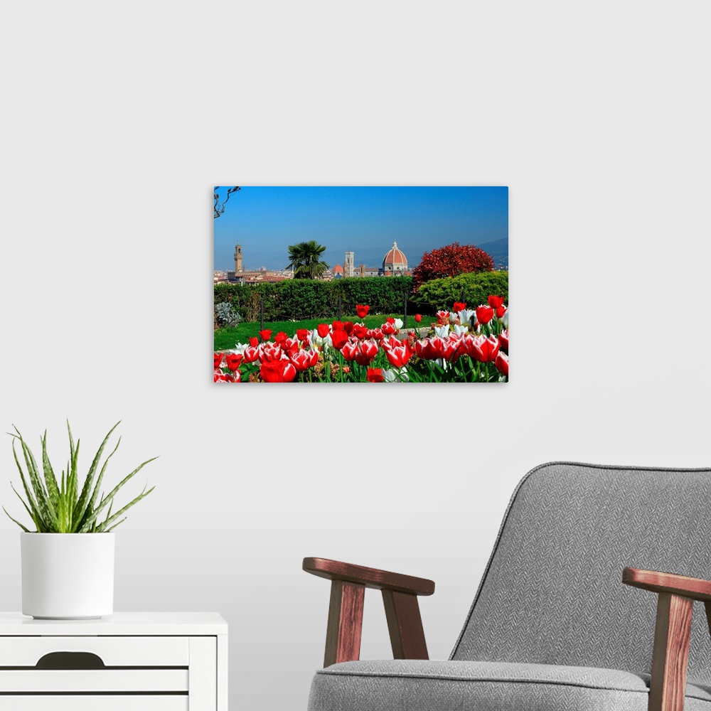 A modern room featuring Italy, Tuscany, Florence, View of the Duomo Santa Maria del Fiore and Palazzo Vecchio