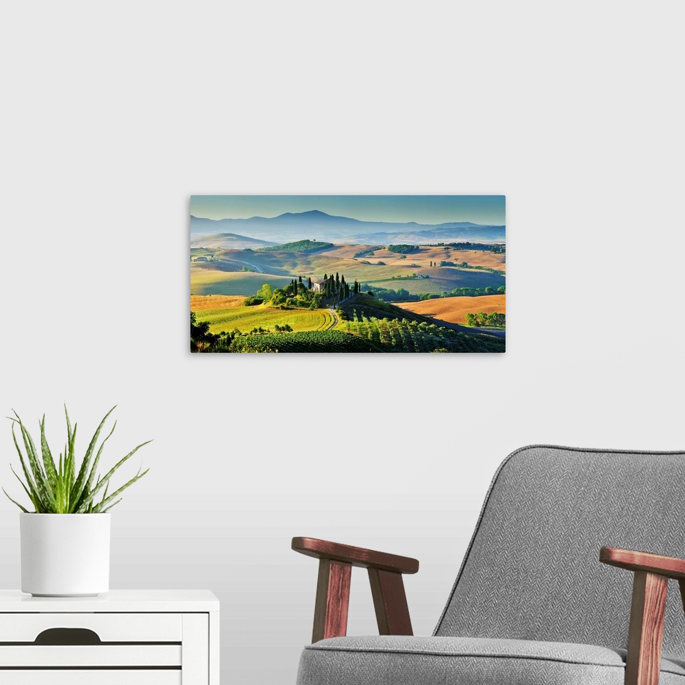 A modern room featuring Italy, Tuscany, Mediterranean area, Siena district, Orcia Valley, Typical landscape