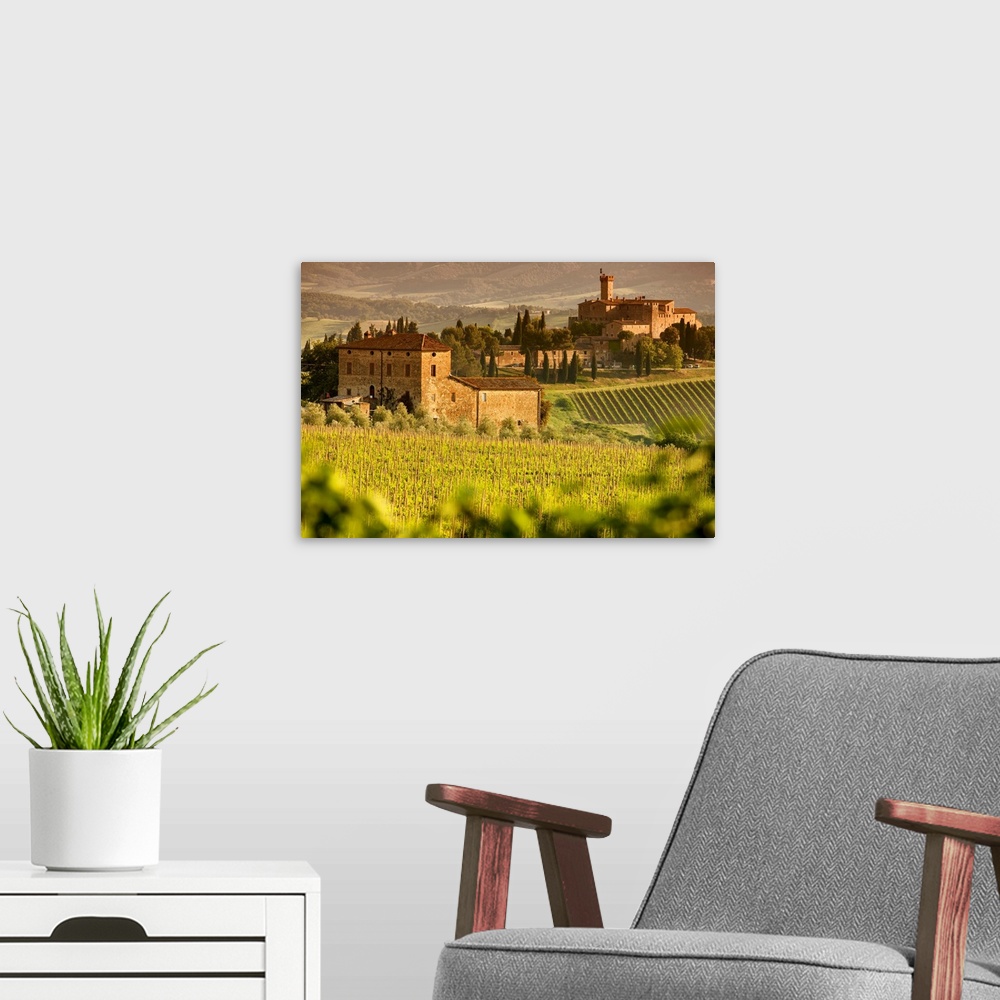 A modern room featuring Italy, Tuscany, Siena district, Orcia Valley, Montalcino, Poggio alle Mura Castle (called Banfi C...