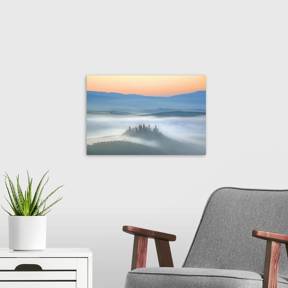 A modern room featuring Italy, Tuscany, Siena district, Orcia Valley, San Quirico d'Orcia, Podere Belvedere at sunrise