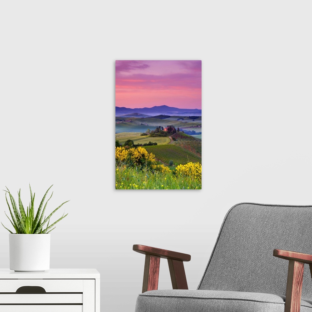 A modern room featuring Italy, Tuscany, Orcia Valley, Sunrise over the Belvedere