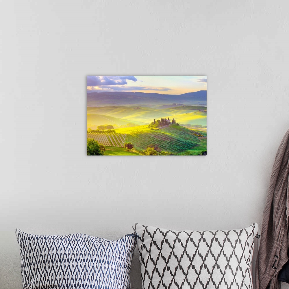 A bohemian room featuring Italy, Tuscany, Siena district, Orcia Valley, Tuscan landscape near San Quirico d Orcia at sunrise.