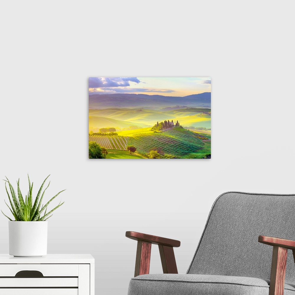A modern room featuring Italy, Tuscany, Siena district, Orcia Valley, Tuscan landscape near San Quirico d Orcia at sunrise.
