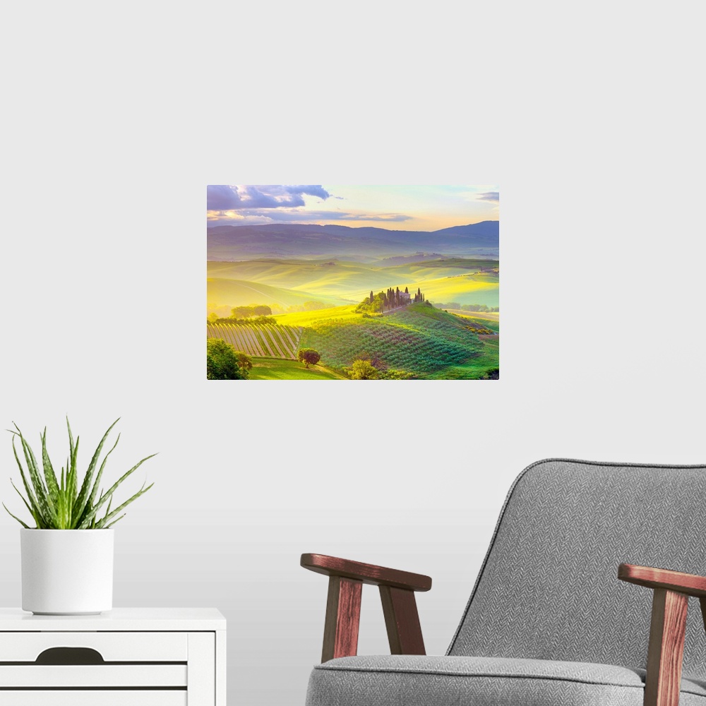 A modern room featuring Italy, Tuscany, Siena district, Orcia Valley, Tuscan landscape near San Quirico d Orcia at sunrise.