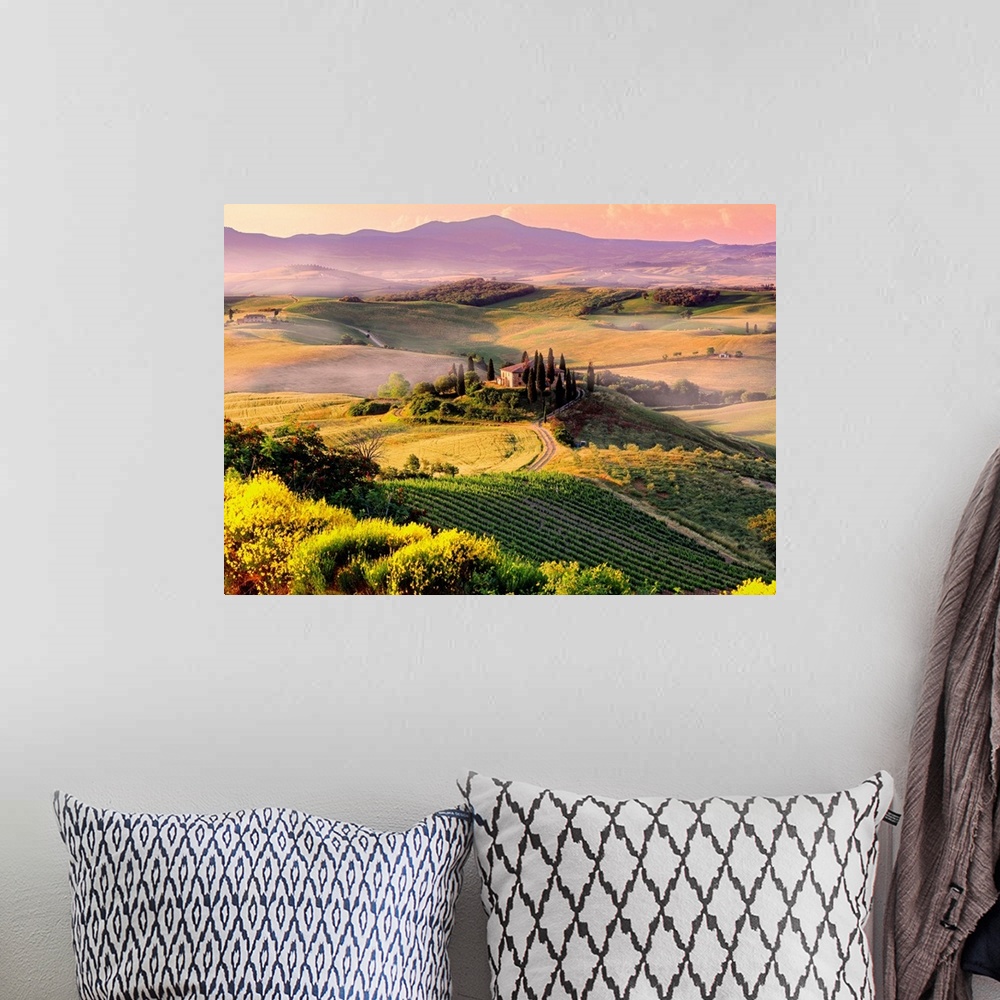 A bohemian room featuring Italy, Italia, Tuscany, Toscana, Orcia Valley,Val d'Orcia, Typical landscape near San Quirico d'O...