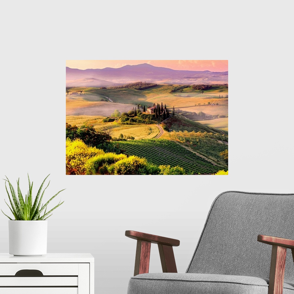 A modern room featuring Italy, Italia, Tuscany, Toscana, Orcia Valley,Val d'Orcia, Typical landscape near San Quirico d'O...