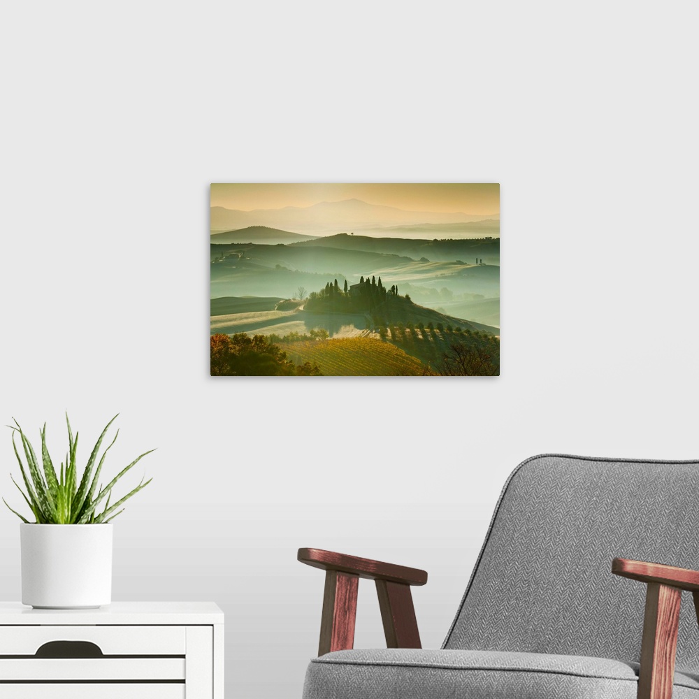 A modern room featuring Italy, Tuscany, San Quirico d'Orcia, Rolling landscape at dawn