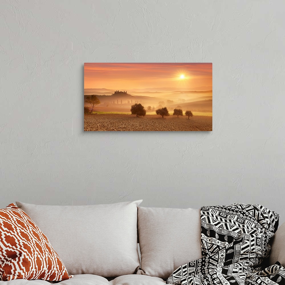 A bohemian room featuring Italy, Tuscany, Siena district, Orcia Valley, Landscape at sunrise, Val d'Orcia.