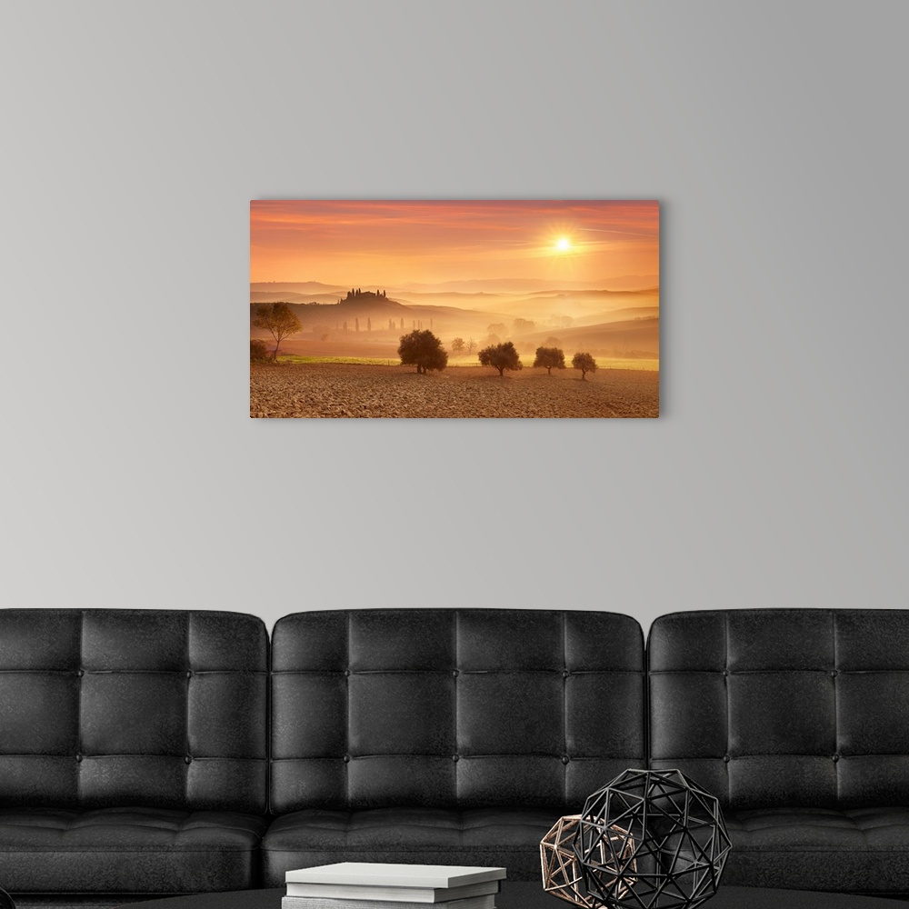 A modern room featuring Italy, Tuscany, Siena district, Orcia Valley, Landscape at sunrise, Val d'Orcia.