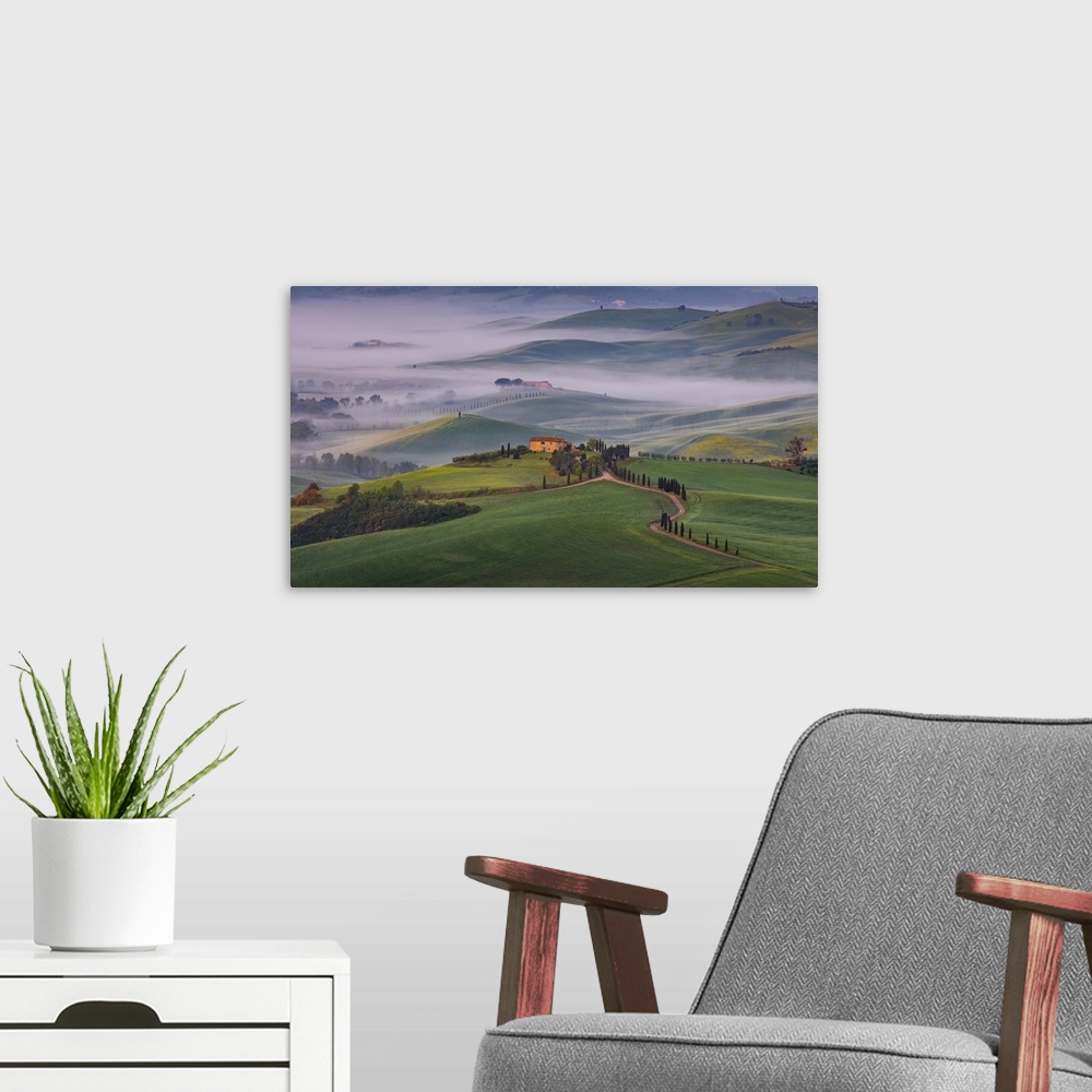 A modern room featuring Italy, Tuscany, Siena district, Orcia Valley, Landscape of the Val d'Orcia.