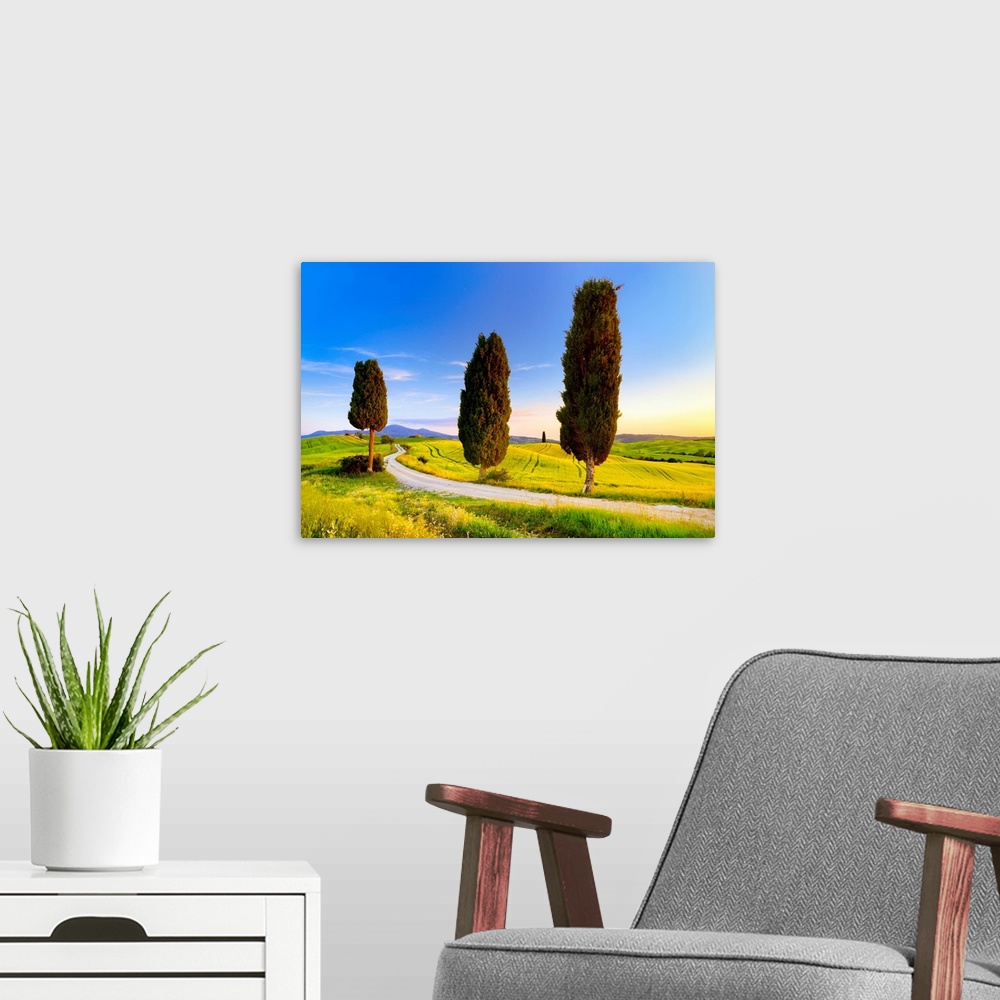 A modern room featuring Italy, Tuscany, Siena district, Orcia Valley, Tuscan landscape near Pienza.