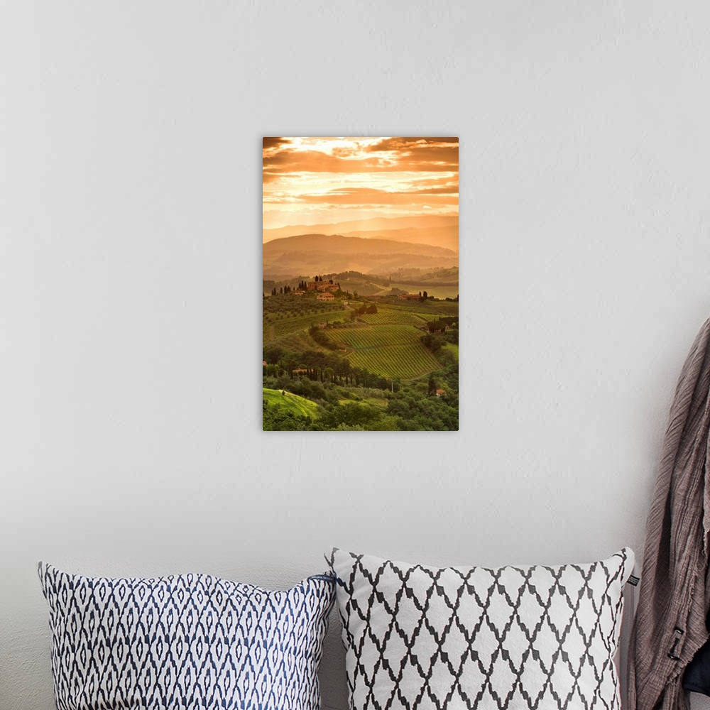 A bohemian room featuring Italy, Tuscany, Val d'Elsa, Sunrise over a typical rural Tuscan landscape
