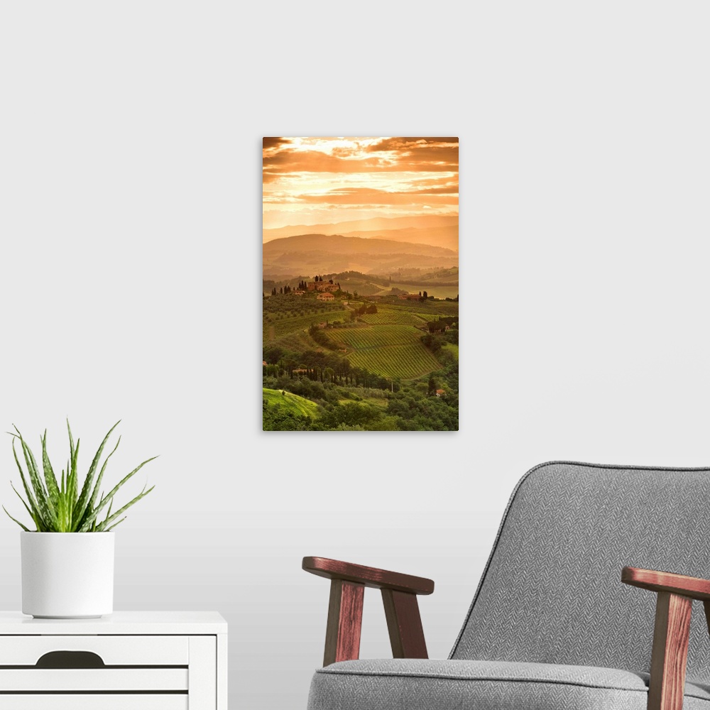 A modern room featuring Italy, Tuscany, Val d'Elsa, Sunrise over a typical rural Tuscan landscape