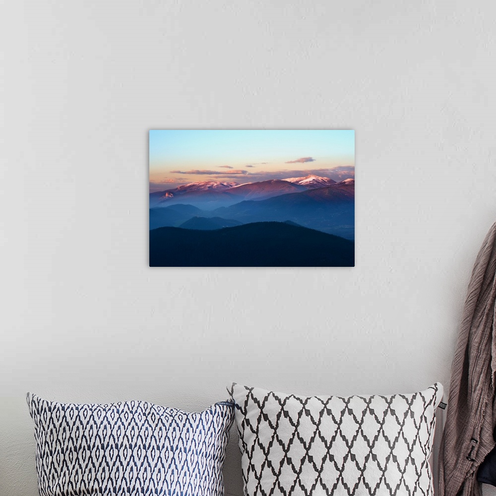 A bohemian room featuring Italy, Umbria, Apennines, Terni district, Valnerina, View at sunset during the winter