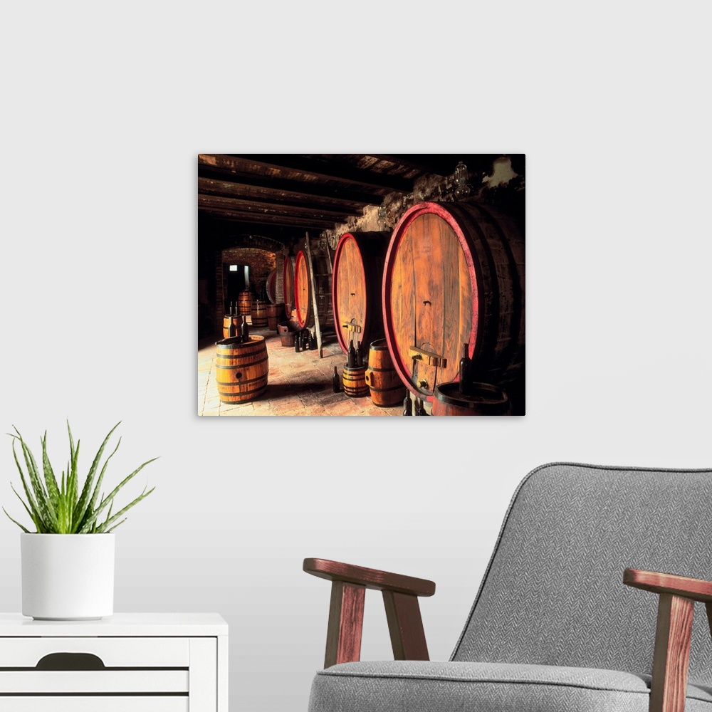 A modern room featuring Italy, Umbria, Wine cellar, Citta della Pieve, Barrel in wine cellar