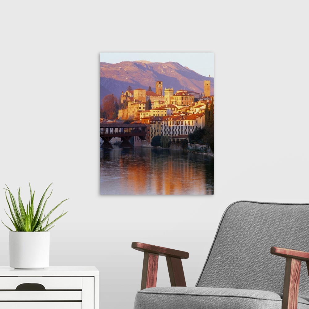 A modern room featuring Italy, Veneto, Bassano del Grappa town, Ponte degli Alpini on Brenta river