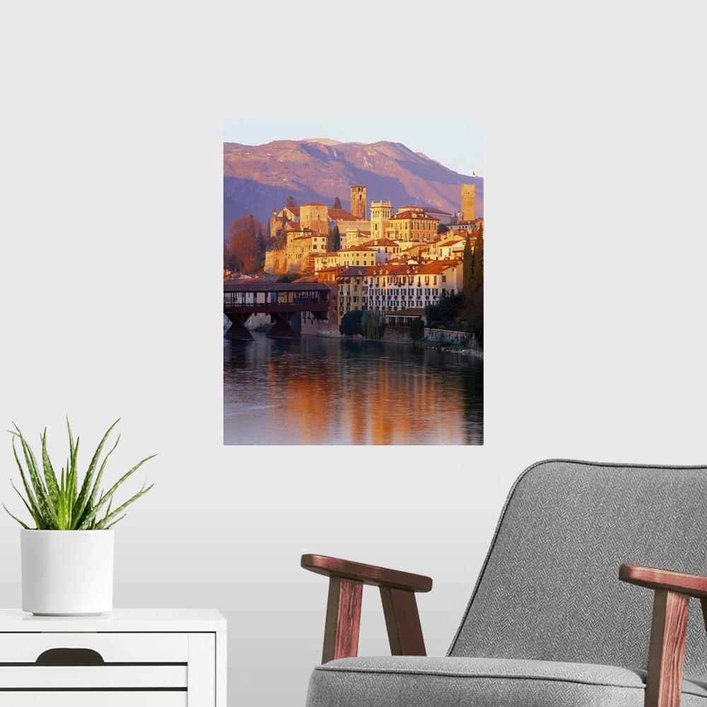 A modern room featuring Italy, Veneto, Bassano del Grappa town, Ponte degli Alpini on Brenta river