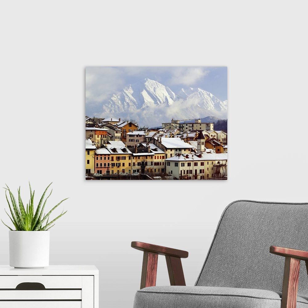 A modern room featuring Italy, Veneto, Belluno, View towards the town and Monte Dolada