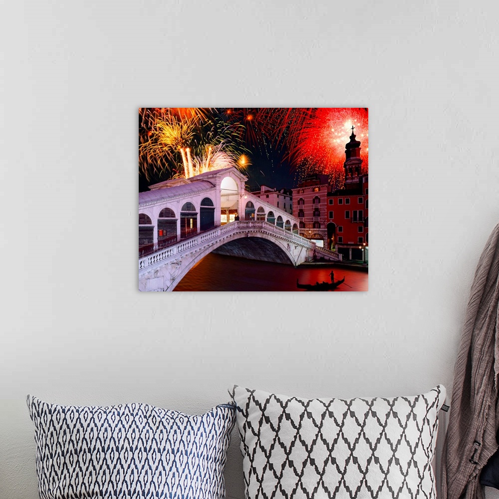 A bohemian room featuring Italy, Venice, Canal Grande and Rialto bridge, fireworks