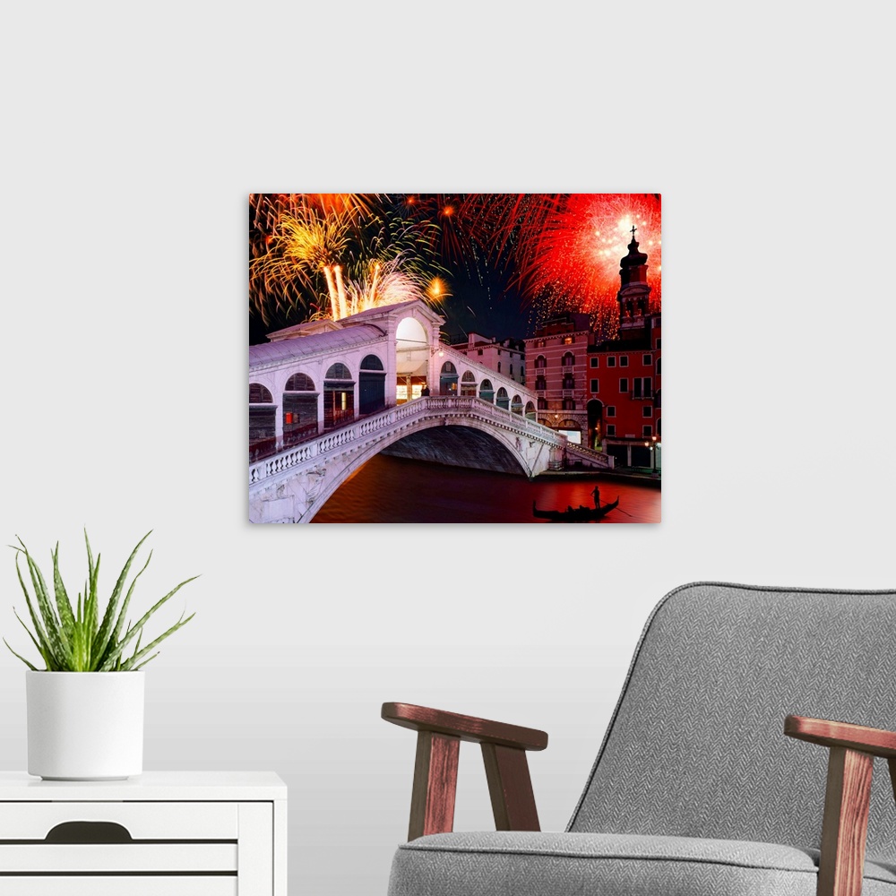 A modern room featuring Italy, Venice, Canal Grande and Rialto bridge, fireworks