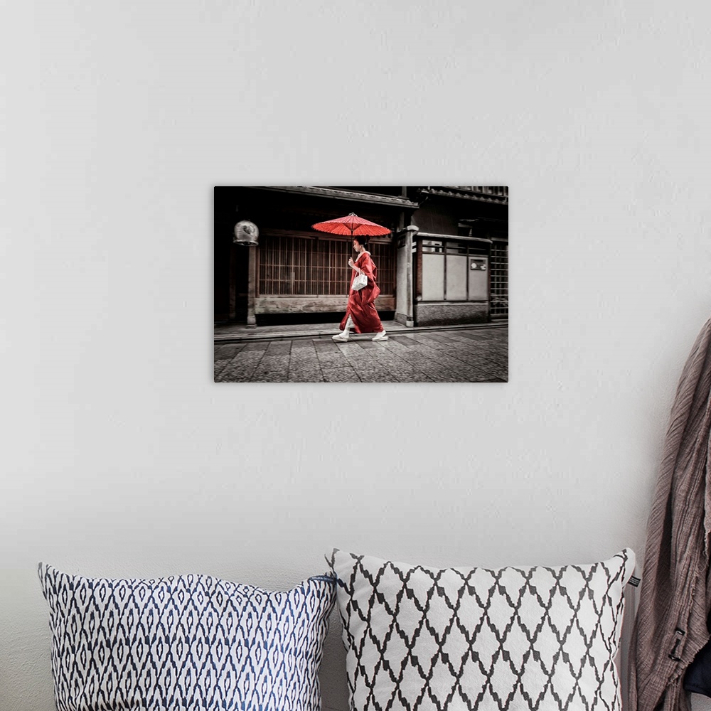 A bohemian room featuring Japan, Kinki, Kyoto, Maiko walking to work in the rain.