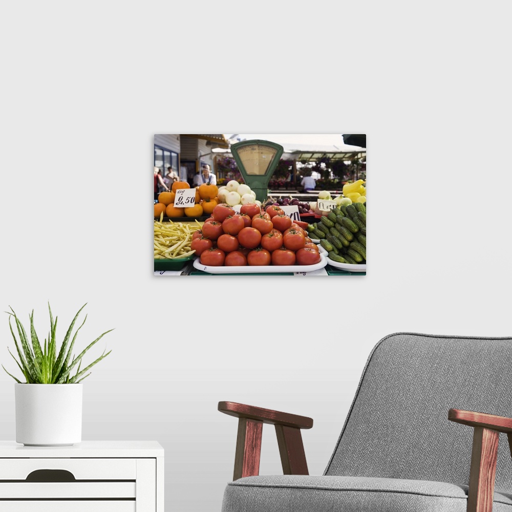 A modern room featuring Latvia, Riga, Central Market, fruit and vegetable stall, outdoors