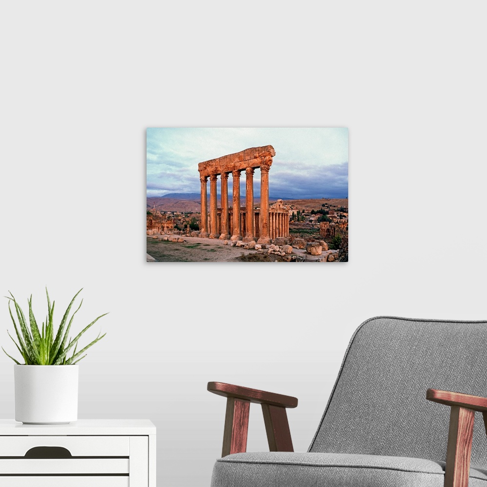 A modern room featuring Lebanon, Al-Biqa`, Ba`labakk, Jove Temple, the six columns (UNESCO World Heritage)