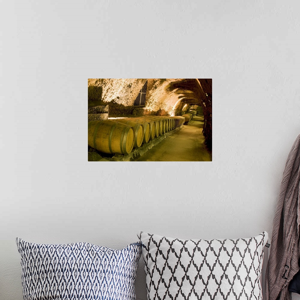 A bohemian room featuring Lebanon, Beqaa, Barrels in the wine cellar of the Chateau Ksara winery