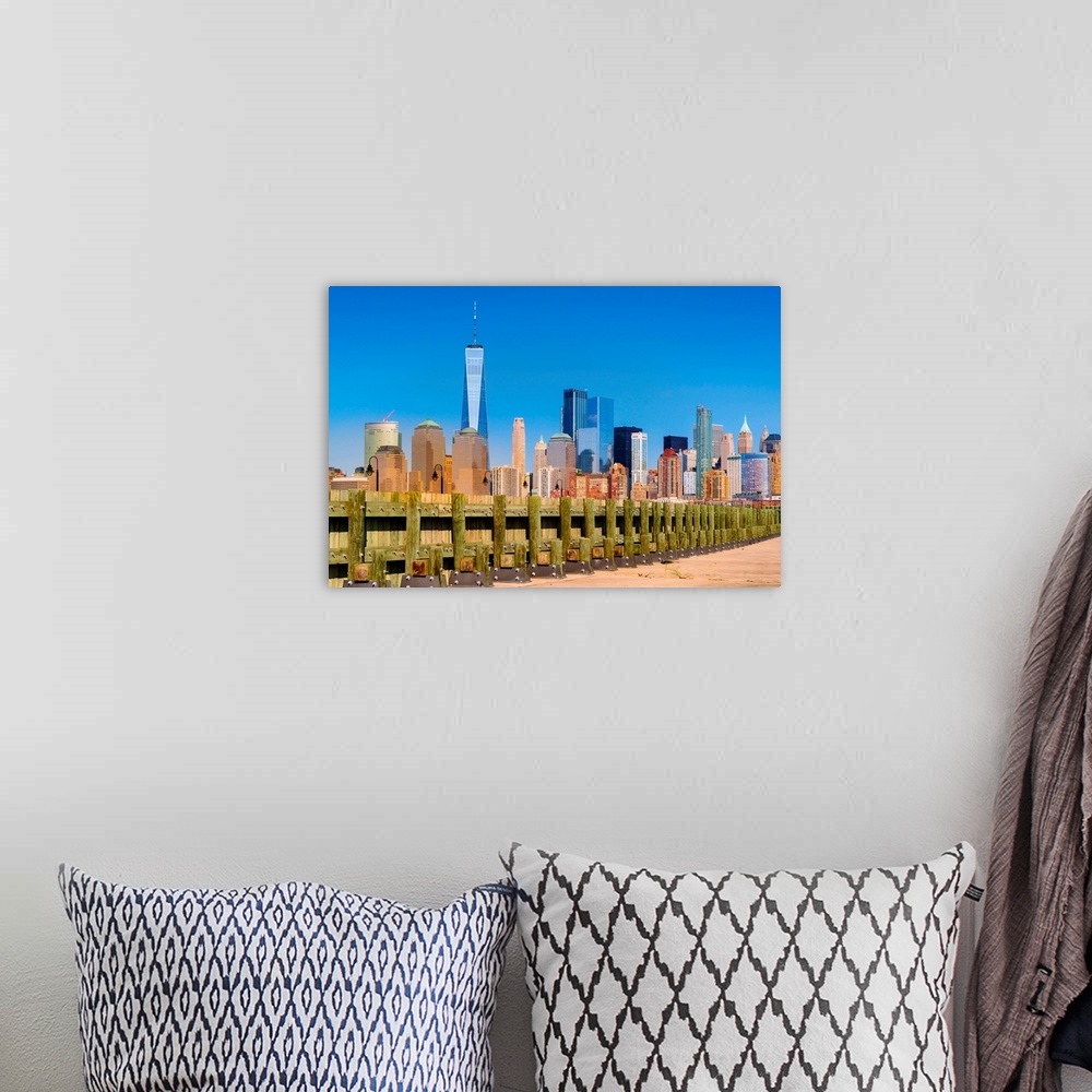 A bohemian room featuring Lower Manhattan seen from Liberty Park in Jersey City, New Jersey.