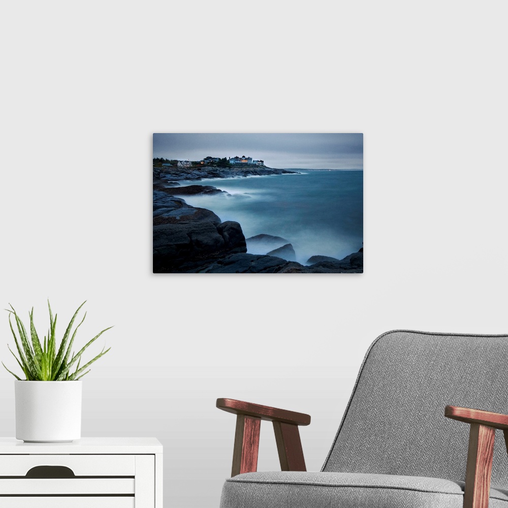A modern room featuring Maine, Cape Neddick, Atlantic ocean, York Beach, the rocky coast at dusk