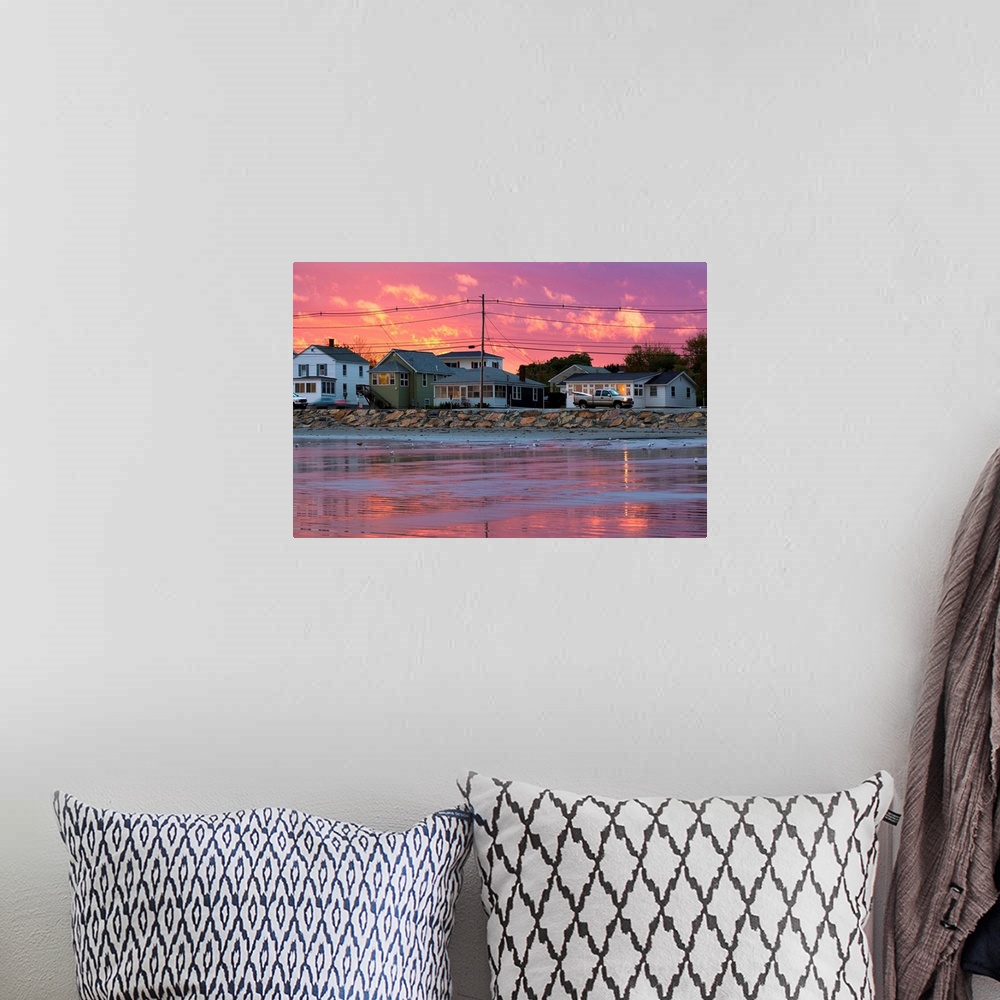 A bohemian room featuring Maine, Cape Neddick, Houses at sunset along the Long Sands Beach