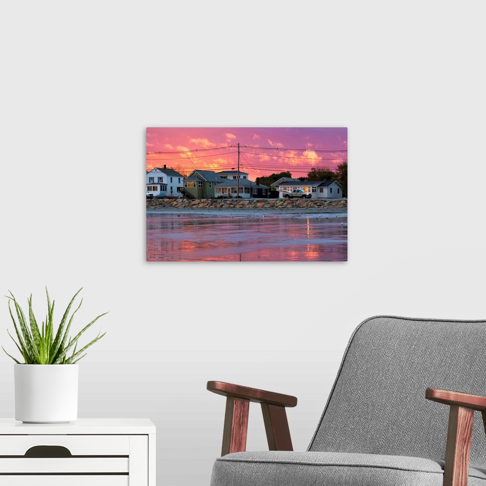 A modern room featuring Maine, Cape Neddick, Houses at sunset along the Long Sands Beach