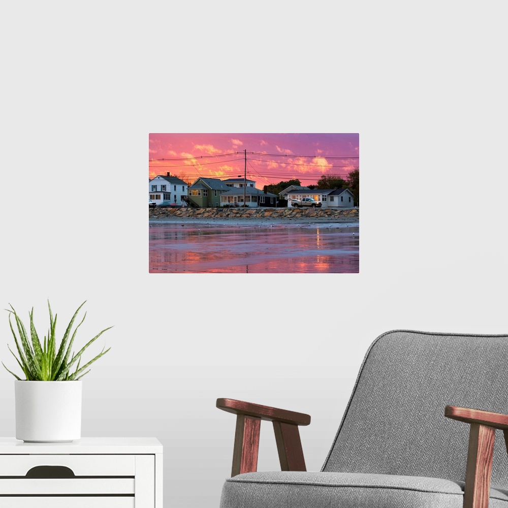 A modern room featuring Maine, Cape Neddick, Houses at sunset along the Long Sands Beach