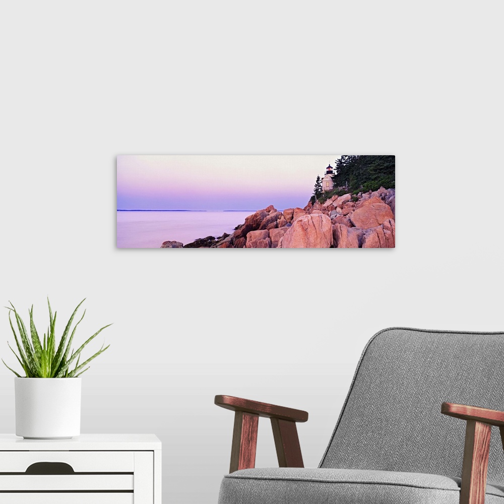 A modern room featuring USA, Maine, Mount Desert Island, The Bass Harbor Headlight at dawn.