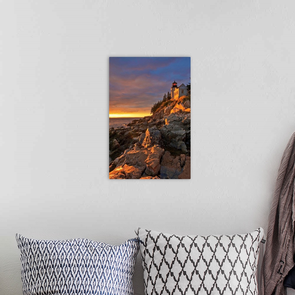 A bohemian room featuring Maine, Mount Desert Island, The Bass Harbor lighthouse at sunset