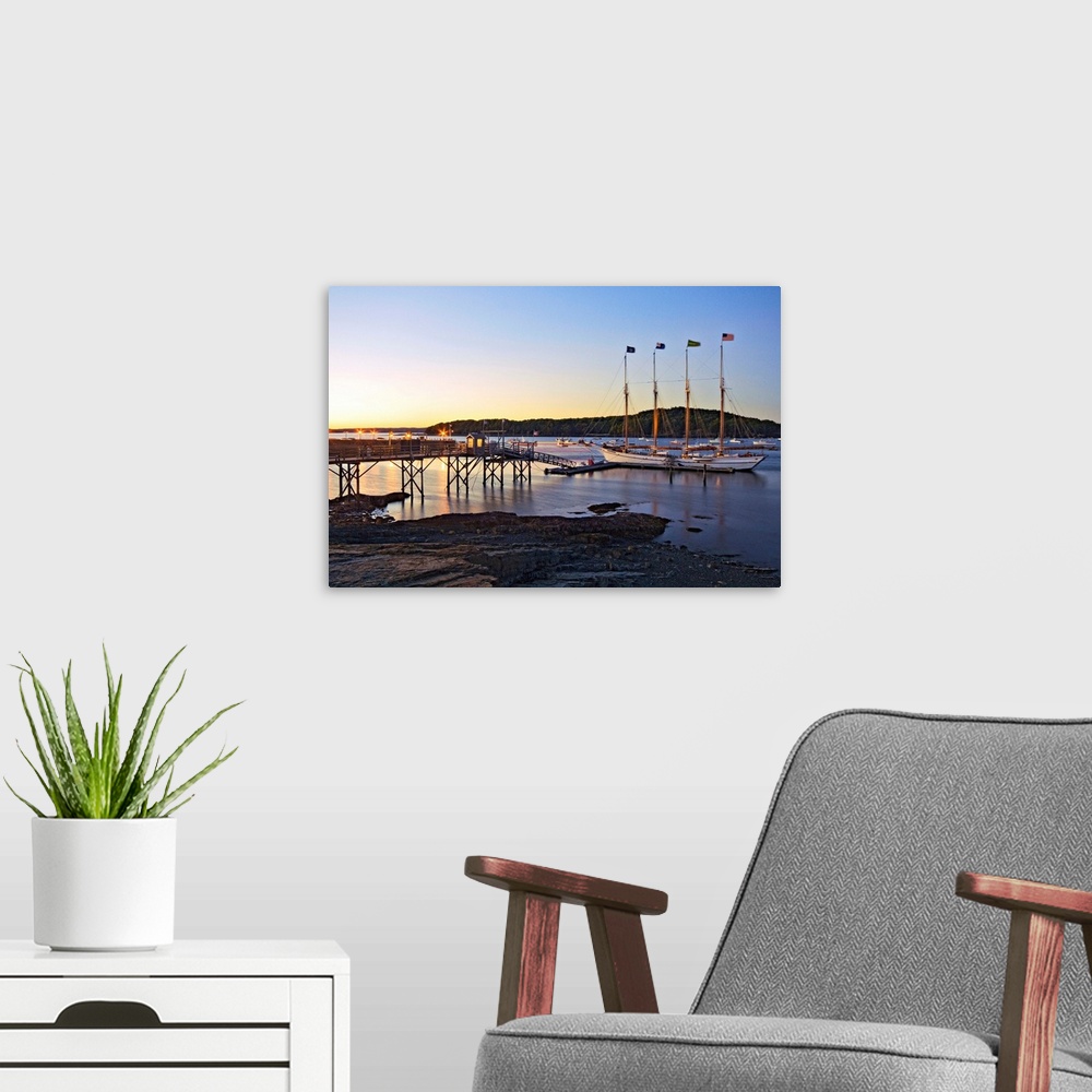 A modern room featuring Maine, Mount Desert Island, The four-masted schooner Margaret Todd at dusk