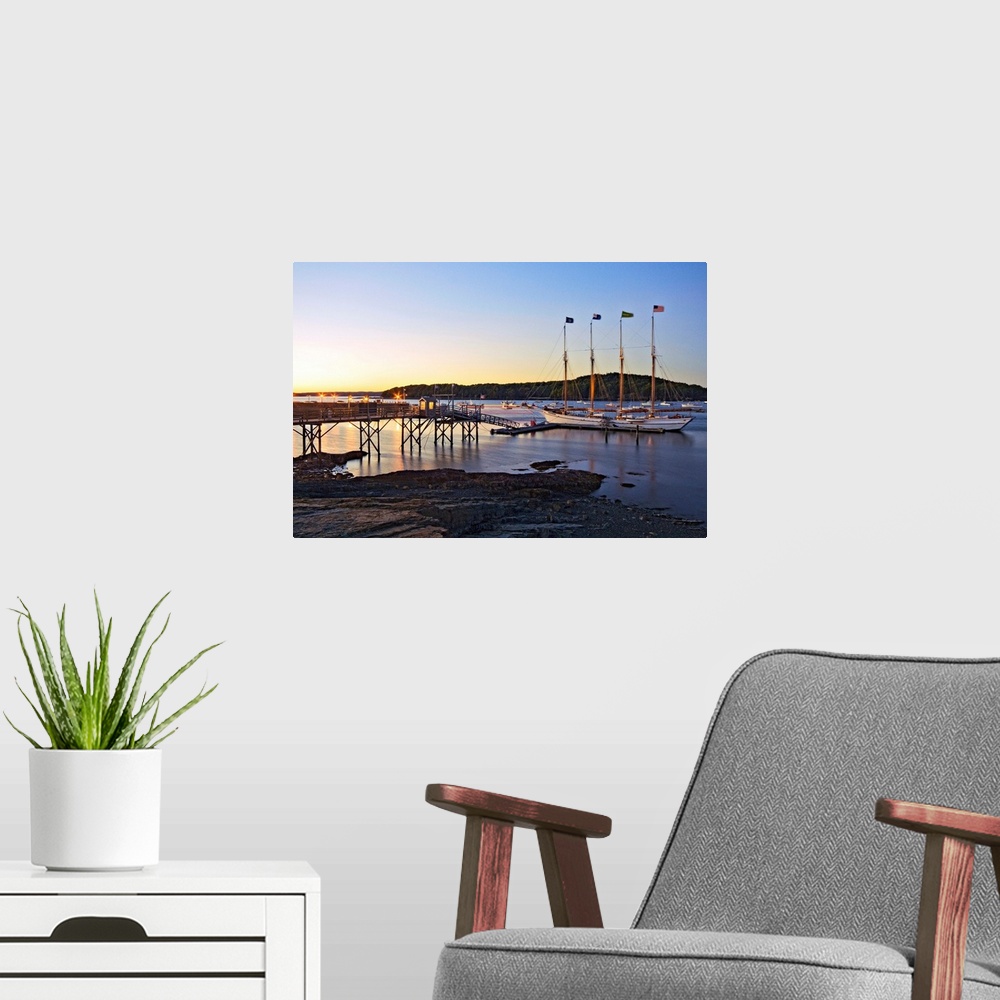 A modern room featuring Maine, Mount Desert Island, The four-masted schooner Margaret Todd at dusk