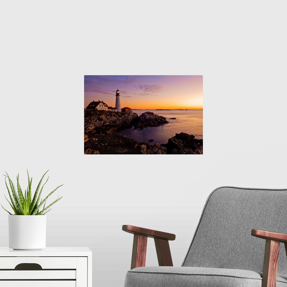 A modern room featuring Maine, Portland, Atlantic ocean, New England, The Portland Head Lighthouse at dawn