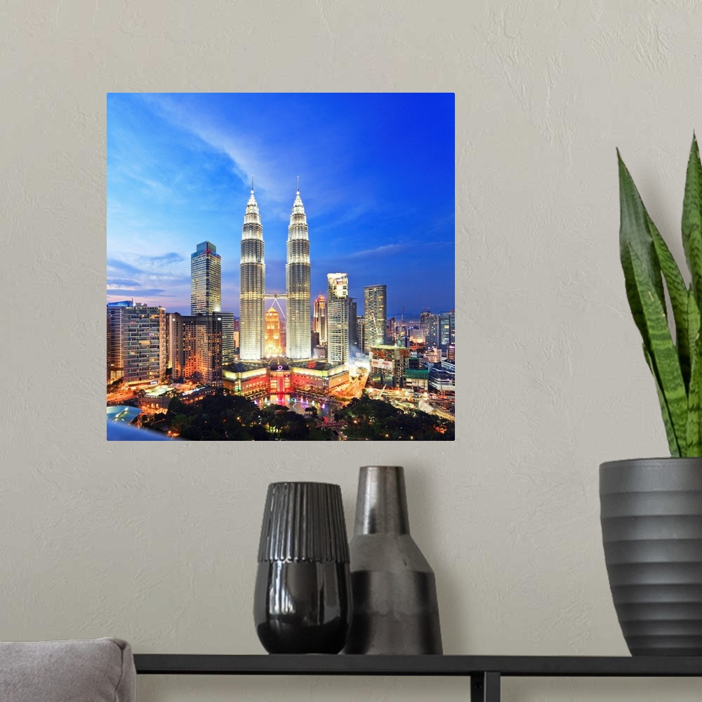 A modern room featuring Malaysia, Selangor, Kuala Lumpur, Petronas Towers, Panoramic view over Petronas Towers and KLCC K...