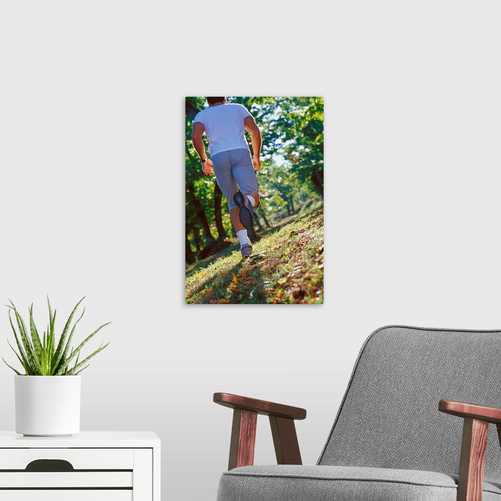 A modern room featuring Man running in forest