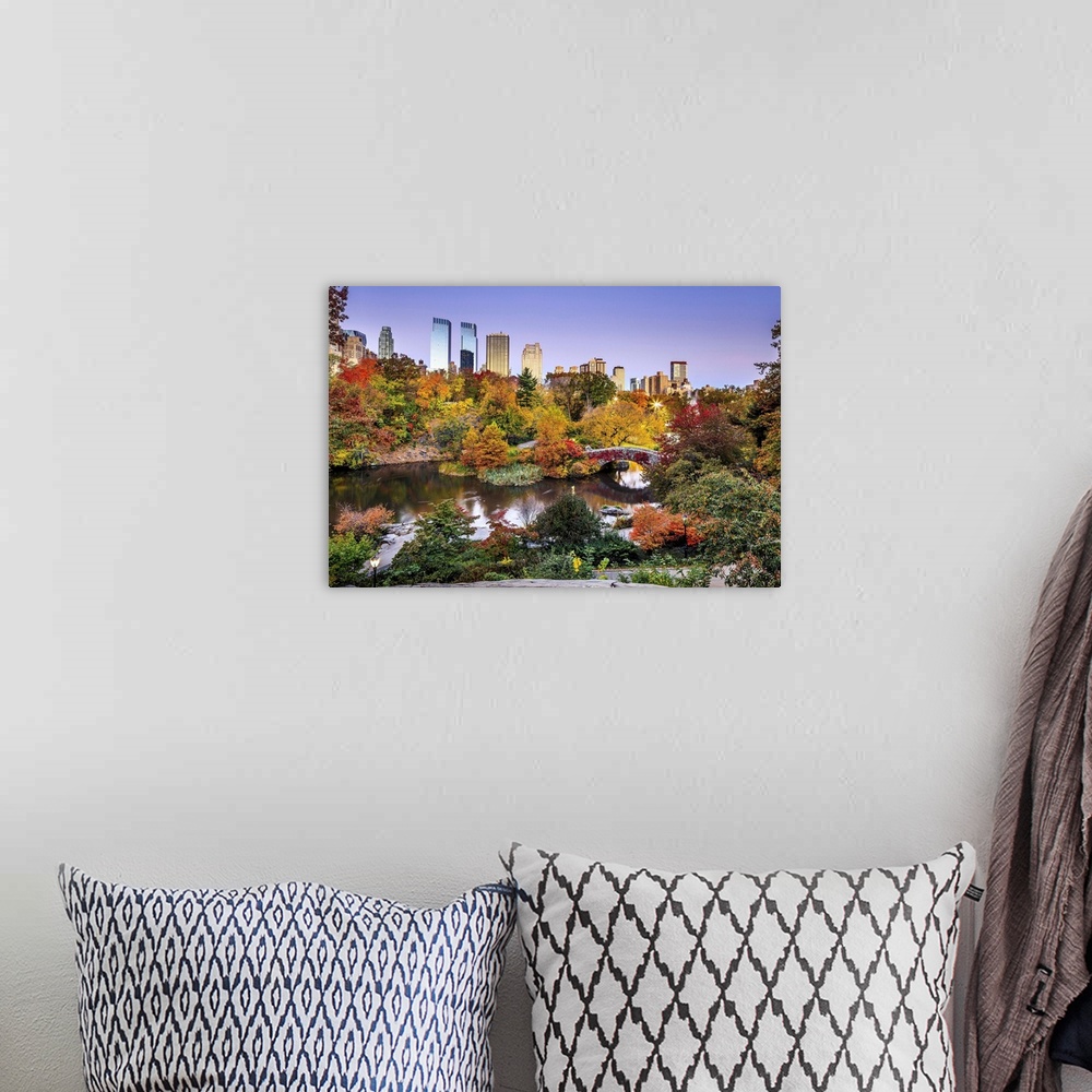 A bohemian room featuring USA, New York City, Manhattan, Central Park, Midtown skyline and Gapstow Bridge during the foliage