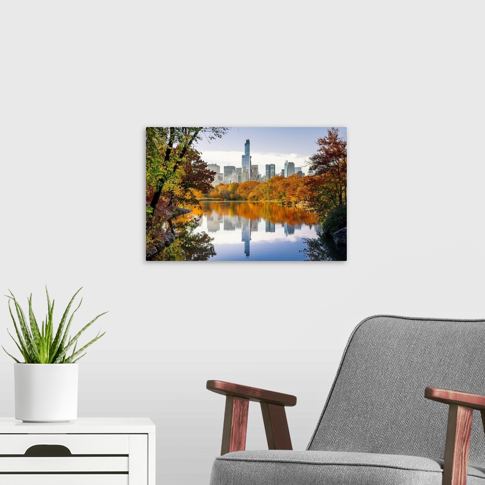 A modern room featuring USA, New York City, Manhattan, Central Park, The Lake with the Manhattan skyline in background, f...