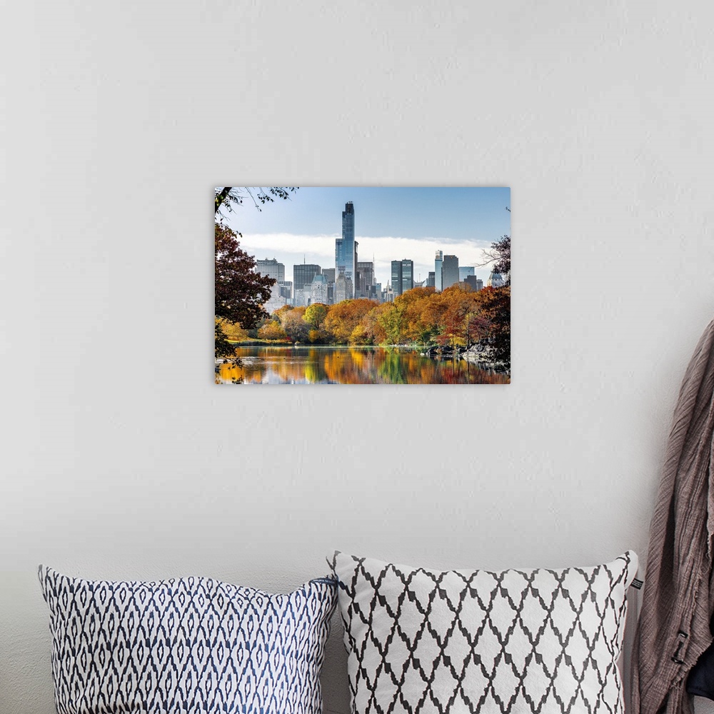 A bohemian room featuring USA, New York City, Manhattan, Central Park, The Lake with the Manhattan skyline in background, f...
