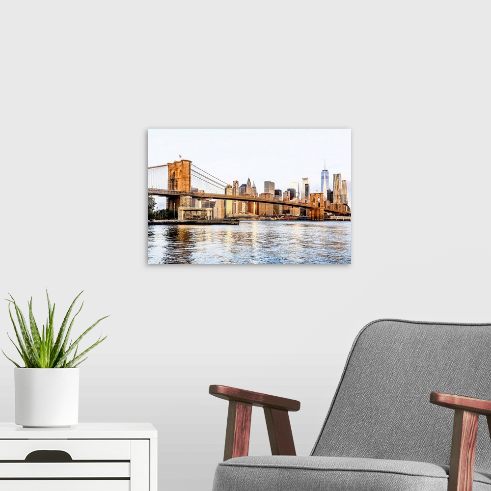 A modern room featuring USA, New York City, Manhattan, East River, Brooklyn Bridge, Brooklyn Bridge Park